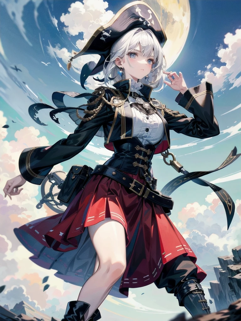 Practical pirate clothing, Long-sleeved pirate top, Skirt, boots, absurdres, RAW photo, extremely delicate and beautiful, masterpiece, Best Quality, ultra high resolution, 32k, hyperrealistic, ultra-detailed, detailed description, pale skin, 20 years old, tearful mole, earring, Colossal tits, short medium hair, wavy hair,