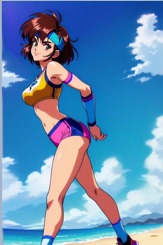 (perfect composition),imagined a girl in extreme sport outfit playing to a flying disc game in a beach arena game sport, masterpiece, ultra-detailed, 80's anime (style), 2D, megapixel, perfectionism, full HD , 4K, (windjammers), windjammers sport game, windjammers 2 (((((solo mature anime woman,)))))++++++++++++++++++, looking at viewer, full body, brown hair and pink hair, short hair, weird hair, smile, lips, eyelashes, medium breasts, gym uniform, uniform, gym shorts, headband, sports bra, elbow pad, knee pad, extreme sports outfit 80's theme, beach background, playing flying disc game on a beach court game, sea, sun in the sky, sports wear