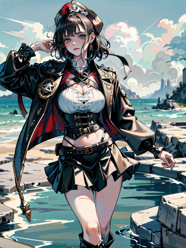 Practical pirate clothing, Long-sleeved pirate top, Skirt, boots, absurdres, RAW photo, extremely delicate and beautiful, masterpiece, Best Quality, ultra high resolution, 32k, hyperrealistic, ultra-detailed, detailed description, pale skin, 20 years old, tearful mole, earring, Colossal tits, short medium hair, wavy hair, 