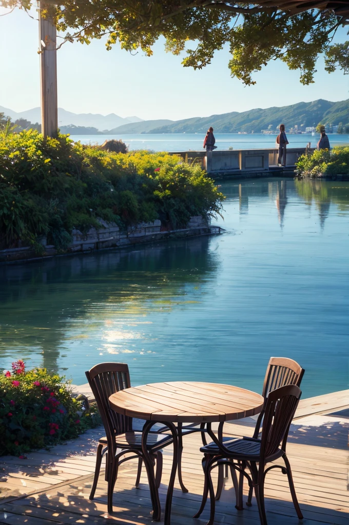 Practical, real life, Beautiful breakfast table by the water,background photo by greg rutkowski, Laurie Greesley's Style, Studio Ghibli, Giovanni Tarantino, James Girard, Genshin Impact, pixiv Trend Fan Club, Acrylic Palette Knife, 4K, (Vibrant colors), (Bright color contrast), (Highly saturated), Become, Trend at Artstation