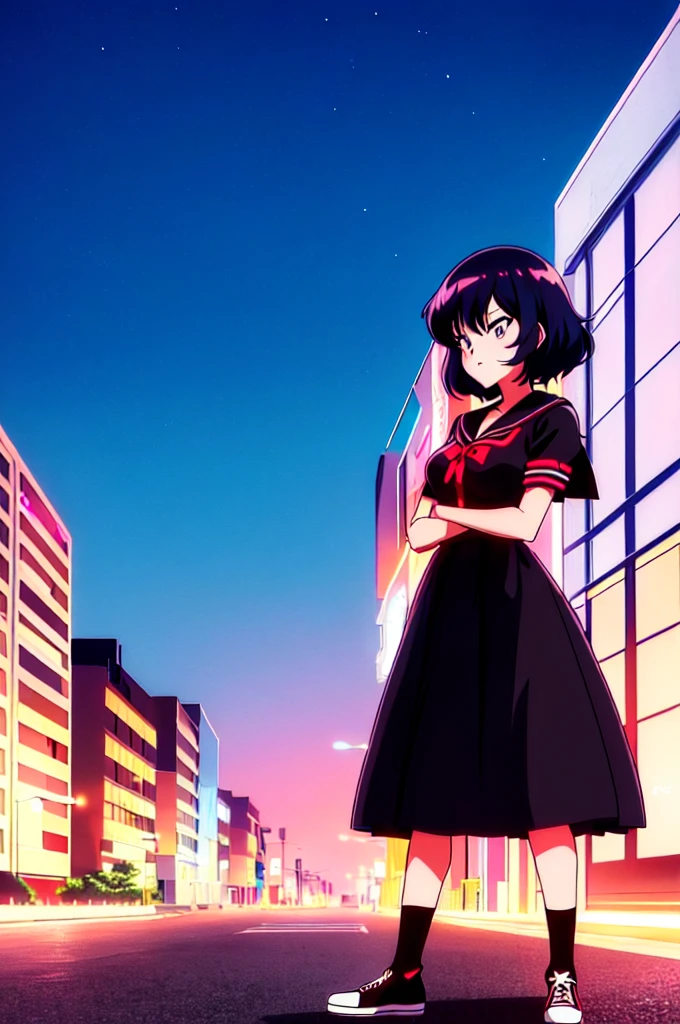 (perfect composition),anime character Sukeban delinquent girl standing on a city street corner in black seifuku with black very long skirt, anime style. 8k, anime style mixed with fujifilm, retro anime girl, anime styled digital art, in tokyo, anime style illustration, anime style 4 k, anime style artwork, anime poster film still portrait, tokyo anime scene, modern anime style, anime style digital art, short hair, 26year old, red converse,