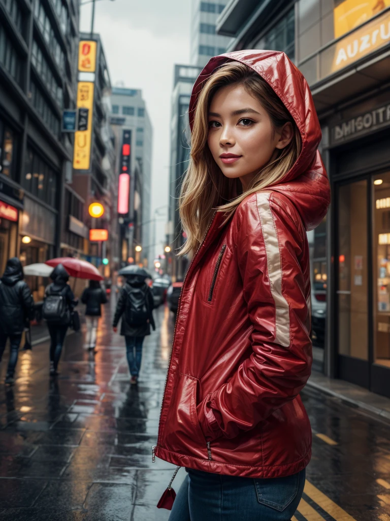 A picture of a modern brave and smart beautiful golden haired woman wears red jacket with hood walks in torrential rain confidently at the city sidewalk, bustling city with traffic jam when raining, with positive smirk, radiating her beauty in smart style, ultra sharp and crisp picture, a photo realistic illustration in Don Lawrence style, Studio Ghibli aesthetic, octane render