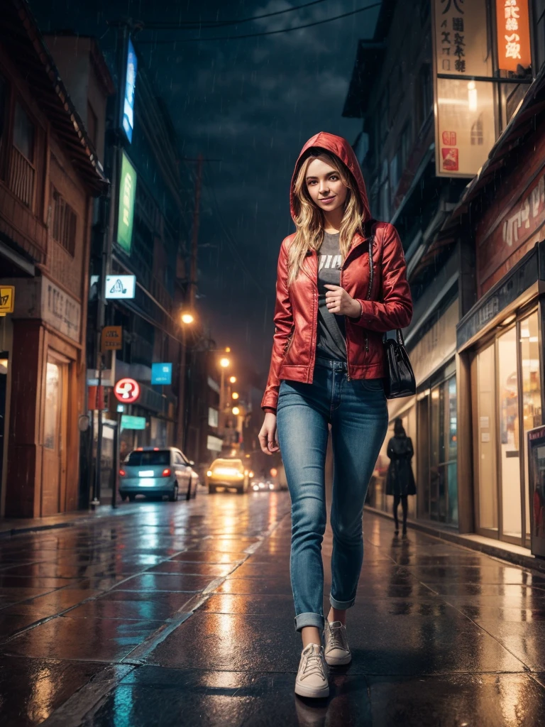 A picture of a modern brave and smart beautiful golden haired woman wears red jacket with hood walks in torrential rain confidently at the city sidewalk, bustling city with traffic jam when raining, with positive smirk, radiating her beauty in smart style, ultra sharp and crisp picture, a photo realistic illustration in Don Lawrence style, Studio Ghibli aesthetic, octane render