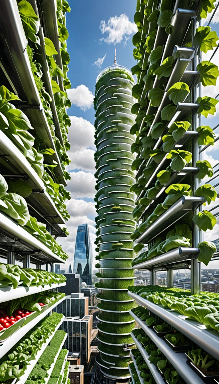 . Vertical Farming:
Hint: A towering vertical farm rises from the heart of London, its hydroponic system produces an abundance of fresh, sustainable produce within the city limits. Each image should showcase a specific aspect of the UK's futuristic infrastructure, highlighting its technological advances and social benefits.
The image should be visually striking and futuristic, using modern design elements and incorporating a sense of scale and grandeur.
The overall aesthetic should be one of awe and inspiration, conveying the transformative power of technology and the potential for a brighter future
