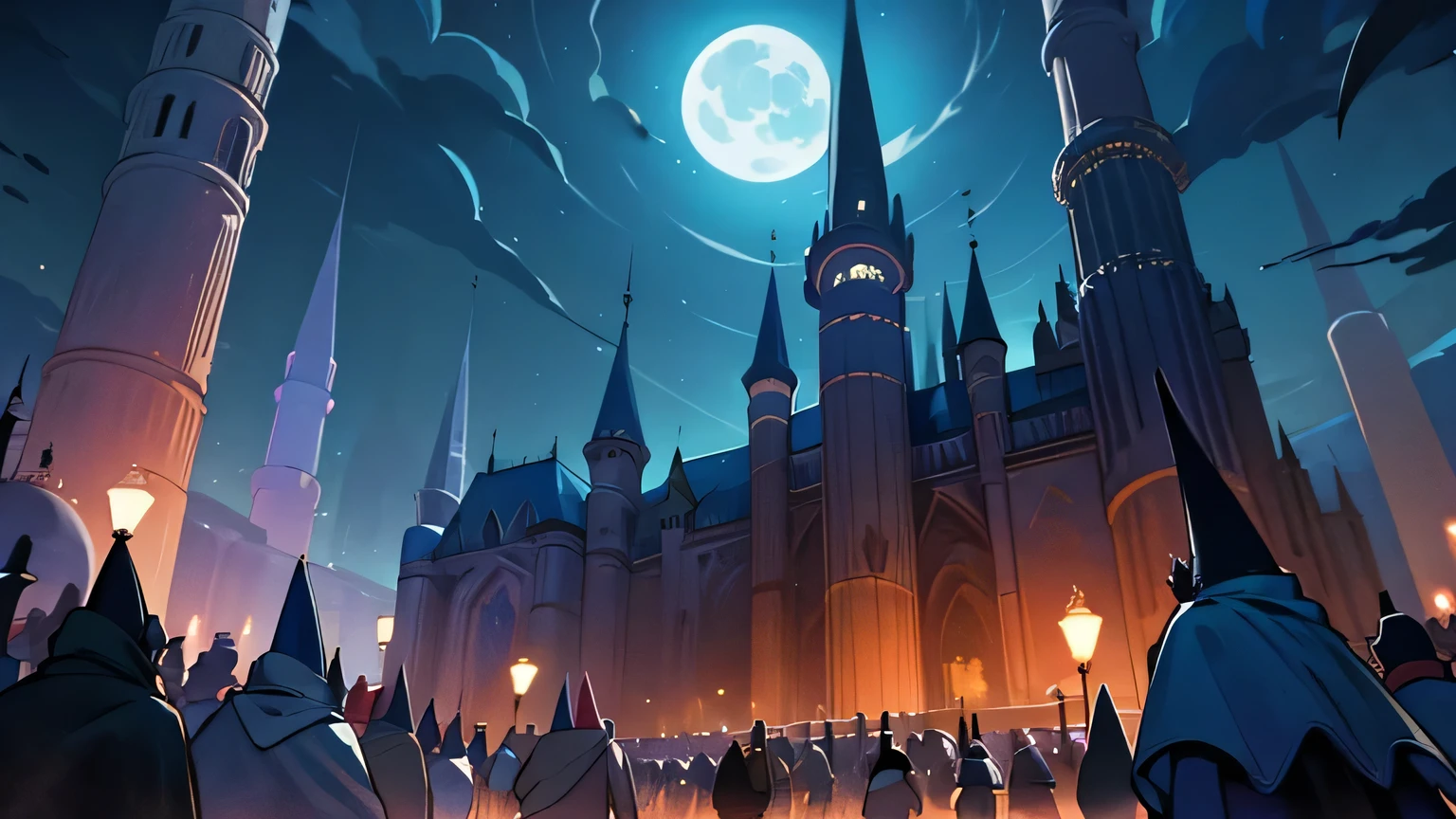 old, tall, towers, magic, night time, full moon, crowd, magic beasts, wizards