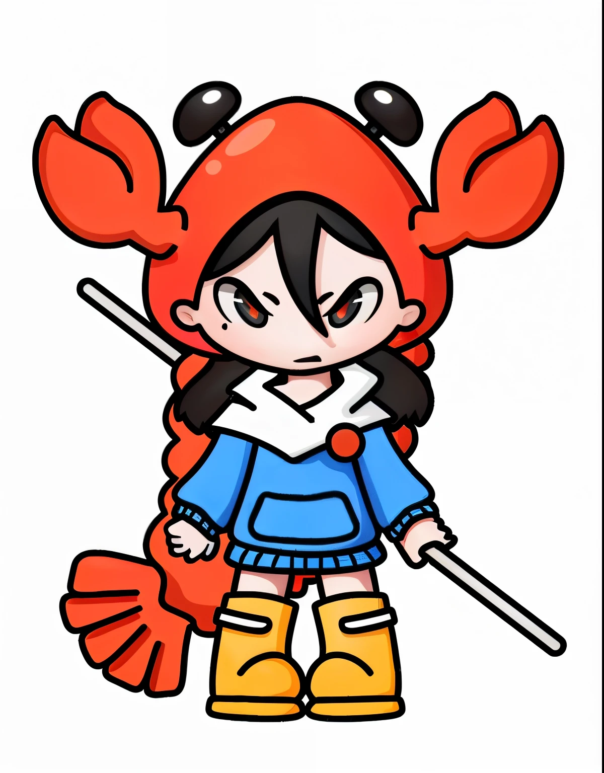 Cartoon girl in lobster suit holding a spear, Insect Trainer Girl, Cosplayer dressed as a lobster,Fierce character,  She holds a rifle, Female Warrior, female Anime Characters, She was holding a long gun, Lobster themed clothing, Anime Characters，Chinese style，White background