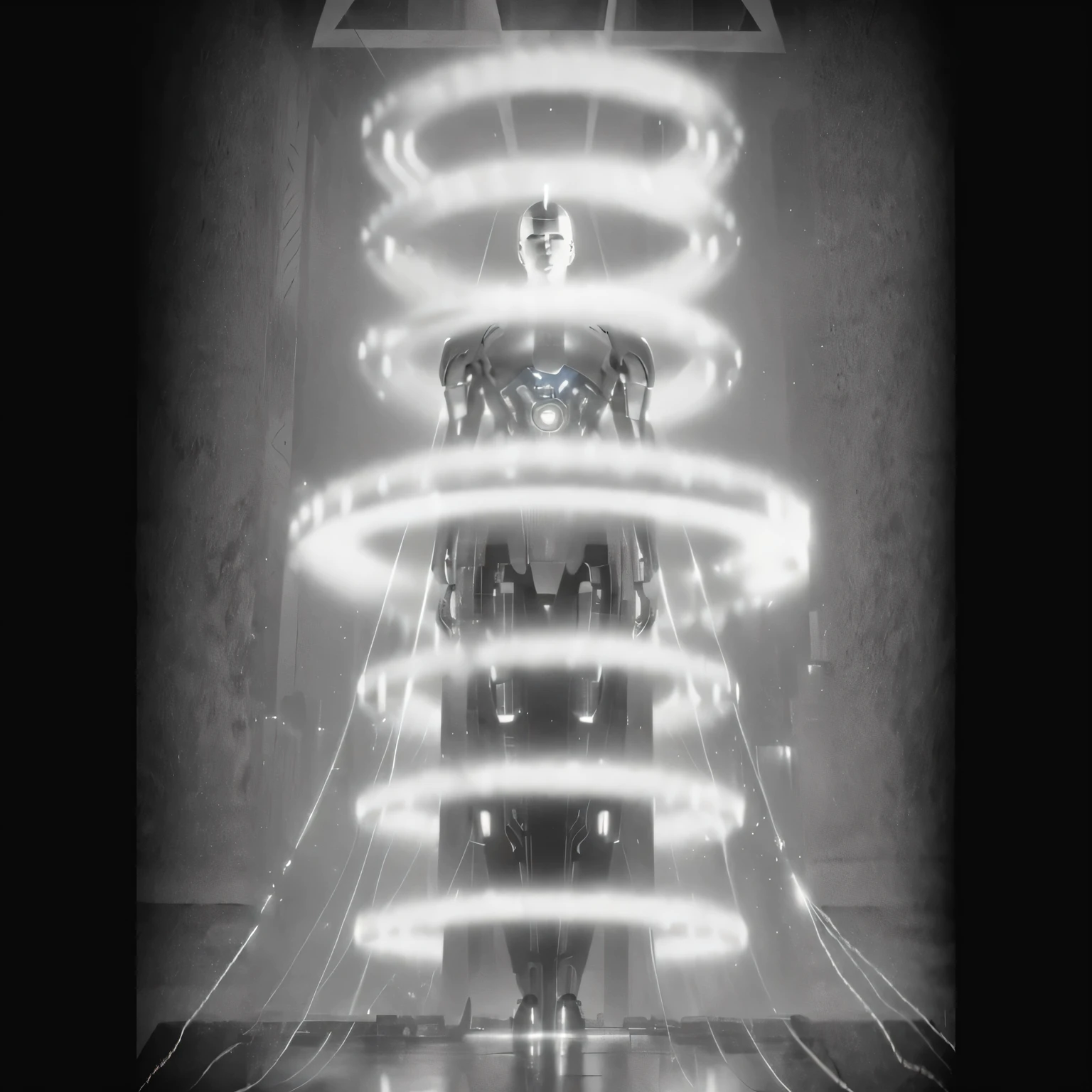 liquid metal man, chrome skin body, chrome full body skin, chrome metal horns, lighting efects, rounded metal tech wheel, robotic wheel with spikes, spikes wheel, chrome man in the center of the wheel techno metal wheel, all in chrome, man silhouette in metal chrome, full body male