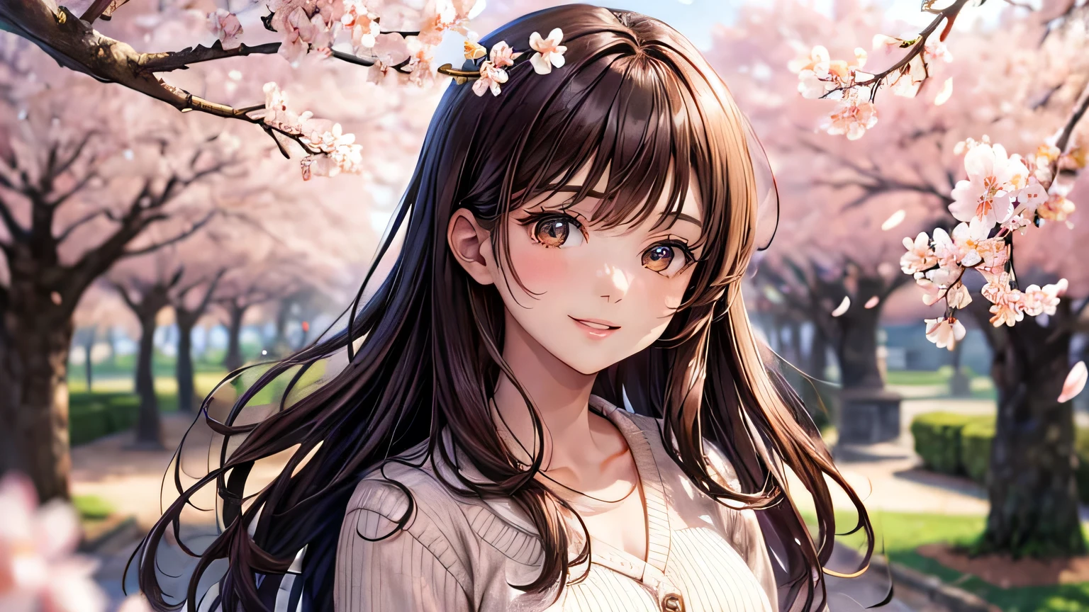(oil, masterpiece, highest quality, Super detailed, Focus on the characters), One female,Beautiful brown hair,A big smile,Beautiful cherry blossoms,Detailed hair depiction,Cherry blossom cardigan,([return:0.8]|[ face facing returnwards:1.1]), ,([Cherry Blossom Tree Lined Scenario:1.2]|[ ground:1.3]| [High Contrast:1.1])  