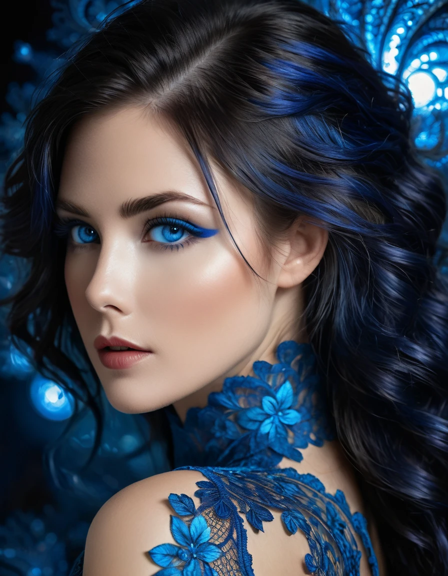 1girl, (by Emily Kell and Luis Royo, 35 years old), official art, 8k wallpaper, full length, ultra detailed, beautiful and aesthetic, (detailed dark blue hair with bright highlights, electric blue eyes with a bit of dark blue in the center, very detailed eyes:1.5), ((fine long shiny liquid silver color lace dress in very worked and openwork fine lace allowing the skin to appear, the lace is made with very precise fractal patterns, Mandelbrot fractal in lace in the center of the dress, Julia fractal:1.6)),  panties, generous and shapely , a slight smile, masterpiece, best quality, realistic, extremely detailed, dynamic angle, (zentangle, Mandelbrot fractal) , the most beautiful form of chaos, elegant, brutalist design, bright colors, romance, (night outdoor background, starlit night) 