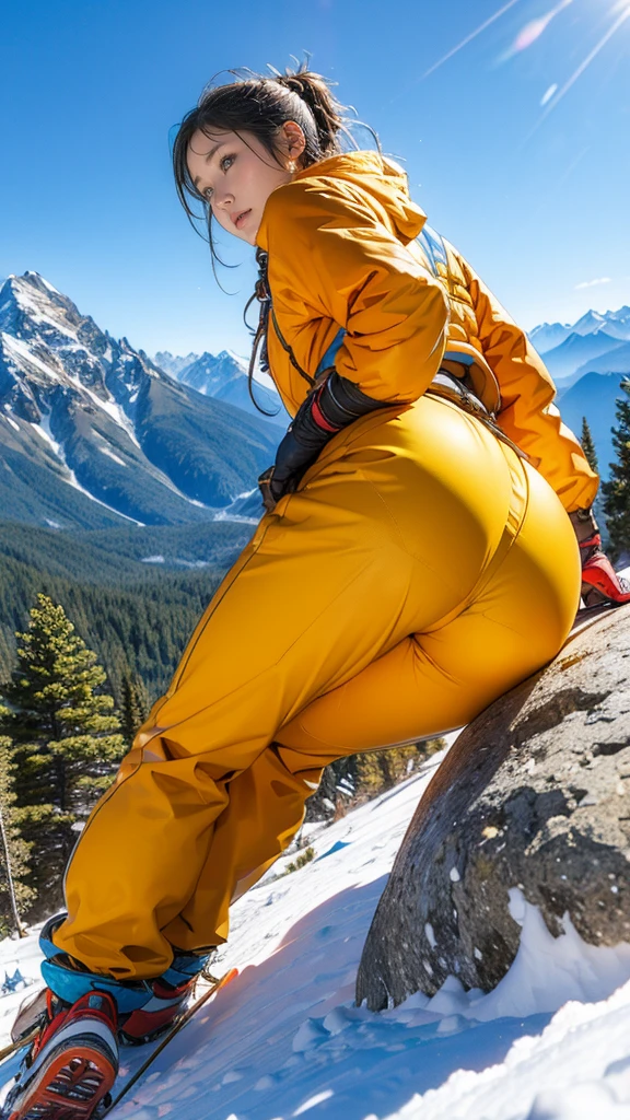 highest quality, masterpiece, Highly detailed buttocks background, (((Majestic Mountain々Back view of a girl climbing a hill, -yeld gi Small Ass))), (((Winter mountaineer style clothing))), A person stretching out in the sunlight shining in from the mountaintop, Beautiful landscape in earth tones, Bright prospects, Expressions that give viewers a gentle feeling, Focus on the landscape、Make portrait smaller..