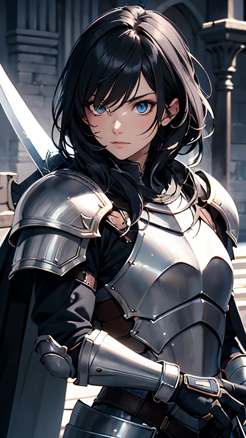 Maiden Knight,,Black hair,Blue eyes,Black Armor,Knight with a great sword,White Cape,high resolution,Perfect face,whole body,detailed,best quality,masterpiece