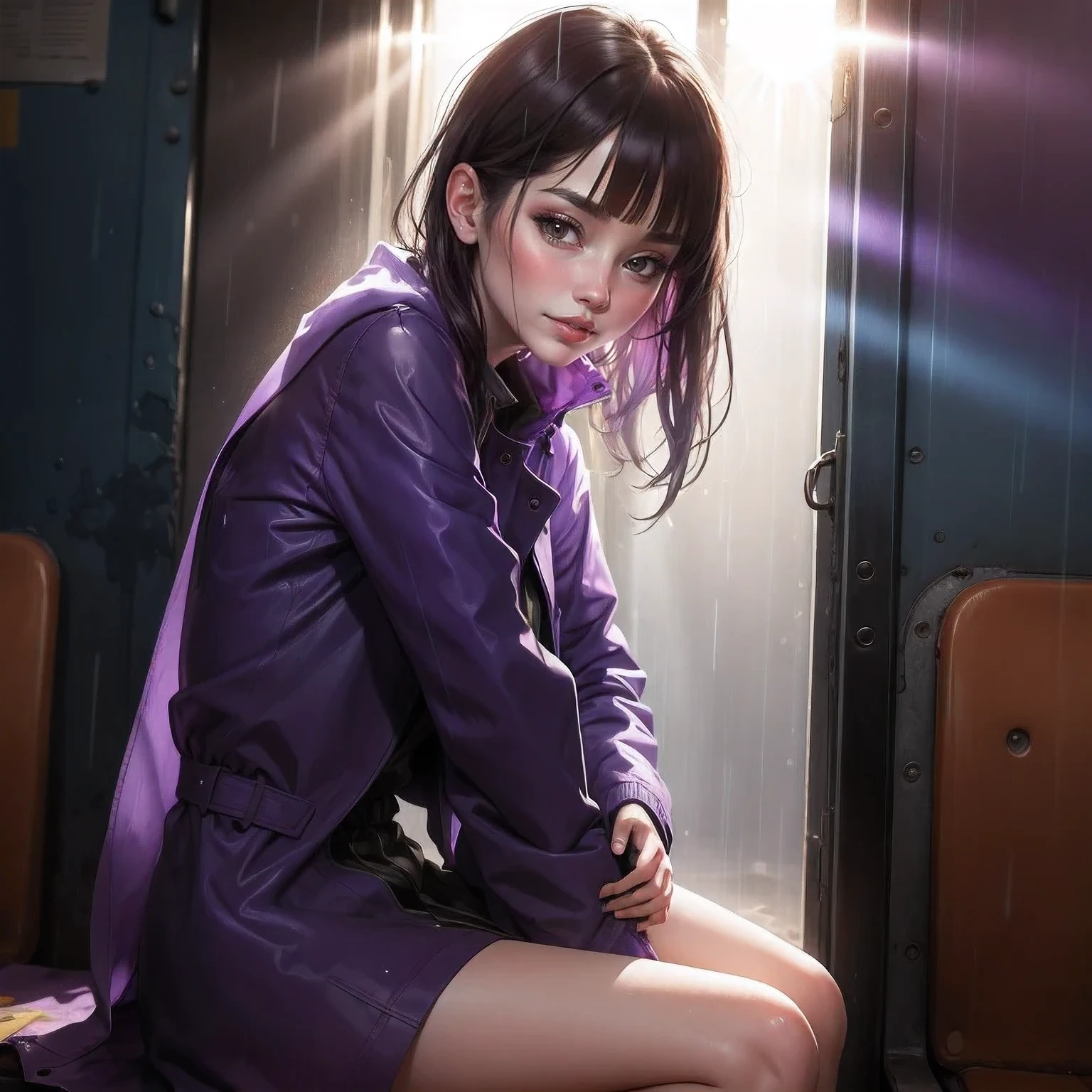 masterpiece, best quality, 2girls, (closeup), 18yo teen, slim, open purple raincoat, sitting, in abandoned train, hugging, lode, smile, heavy rain, downpour, flood, wasteland, grey, desolate, rain, sunny, (sun rays:1.3), watercolor,