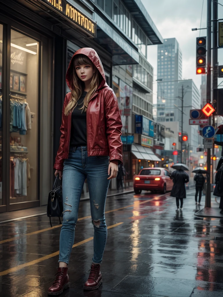 A picture of a modern brave and smart beautiful golden haired woman wears red jacket with hood walks in torrential rain confidently at the city sidewalk, bustling city with traffic jam when raining, with positive smirk, radiating her beauty in smart style, ultra sharp and crisp picture, a photo realistic illustration in Don Lawrence style, Studio Ghibli aesthetic, octane render