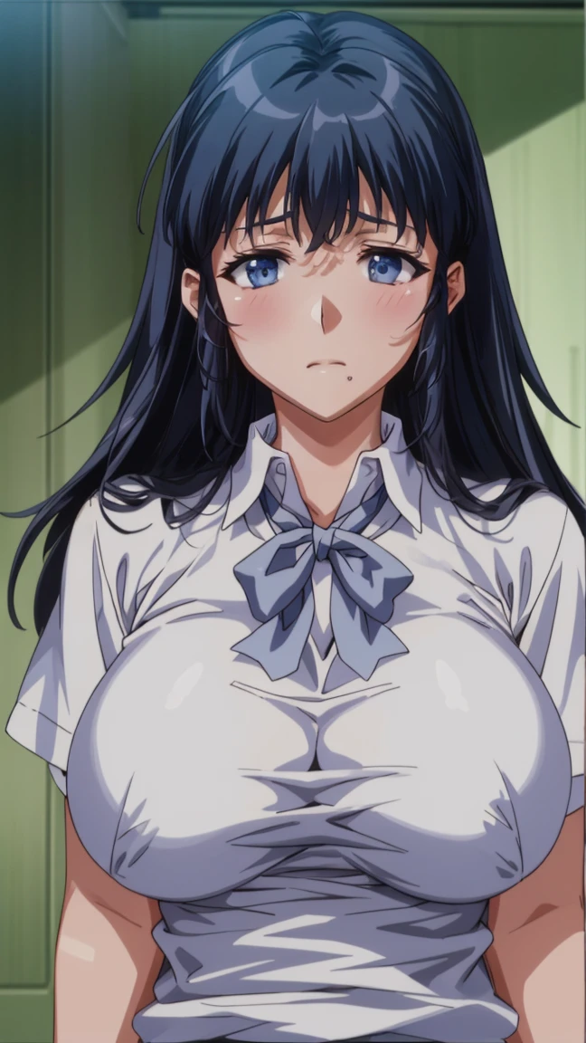 masterpiece, super high quality, Very detailed, Perfect drawing, alone, girl, Uniform bulging bust top, blush, Sweat, Sunburned skin: (1.5), Overflowing with smiles, 18-year-old, Breast augmentation, (Sweat)、Long Straight Hair