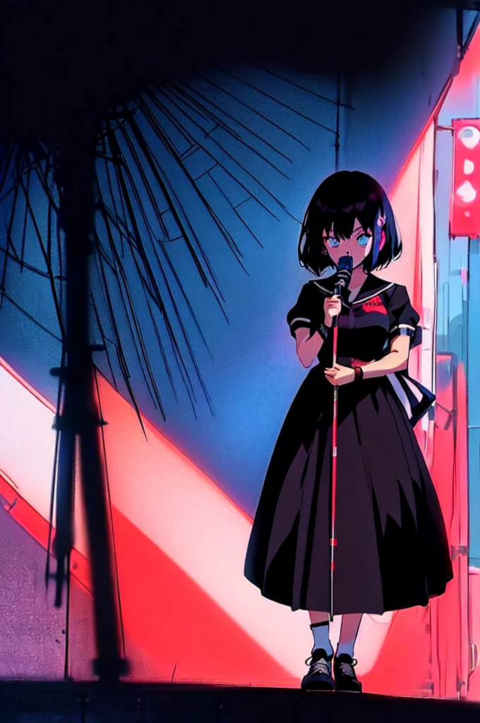 (perfect composition),anime character Sukeban delinquent girl standing on a city street corner in black seifuku with black very long skirt, anime style. 8k, anime style mixed with fujifilm, retro anime girl, anime styled digital art, in tokyo, anime style illustration, anime style 4 k, anime style artwork, anime poster film still portrait, tokyo anime scene, modern anime style, anime style digital art, short hair, 26year old, red converse,