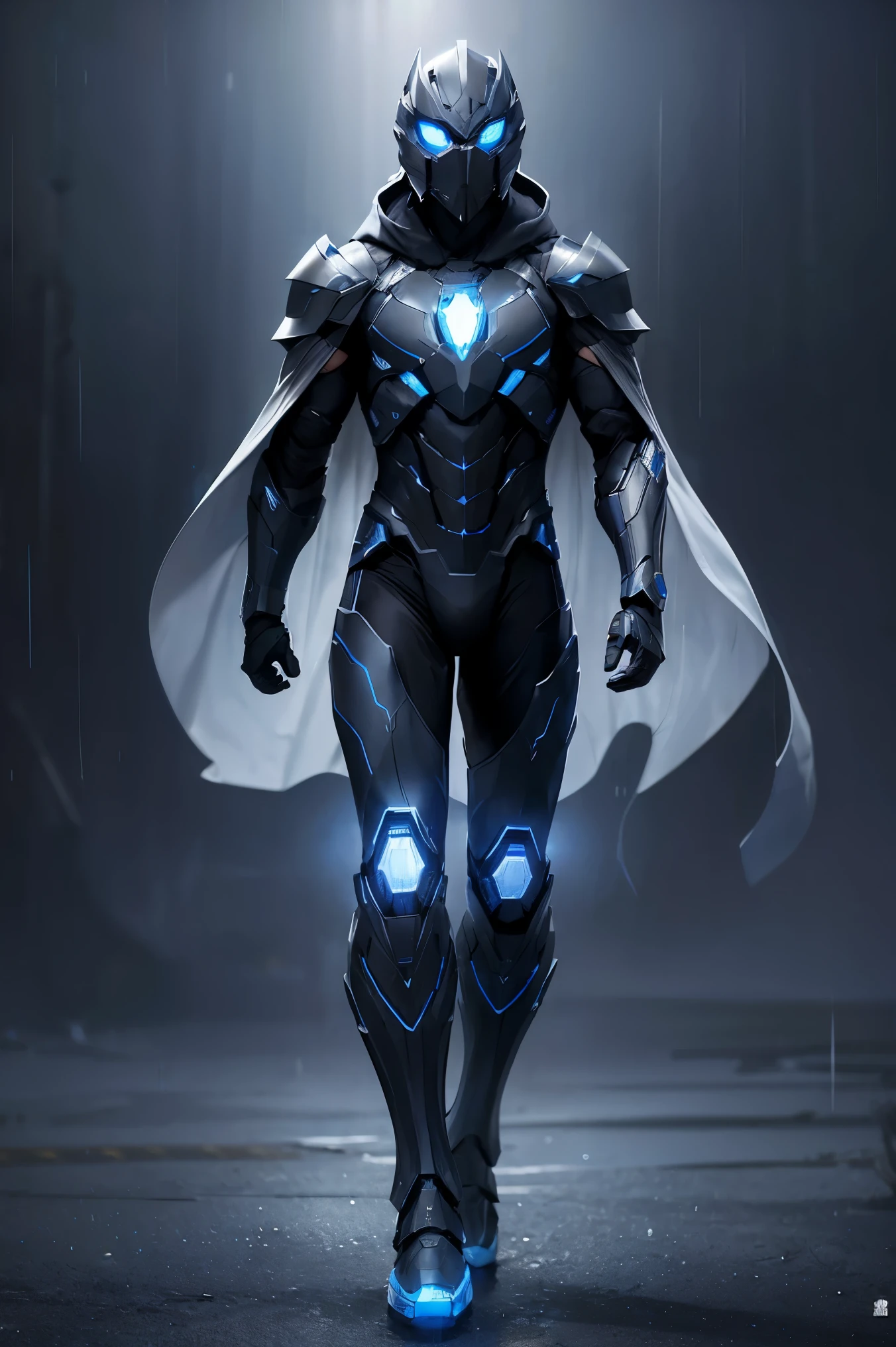 Advance armored boy, grey hood and cape, background dark space battlefield, heavy rain, blue short hair, blue glowing beautiful eyes, (full body shot), blue glowing lined simple armor plate, dark environment, high detailed face, Advance mask, intense war,