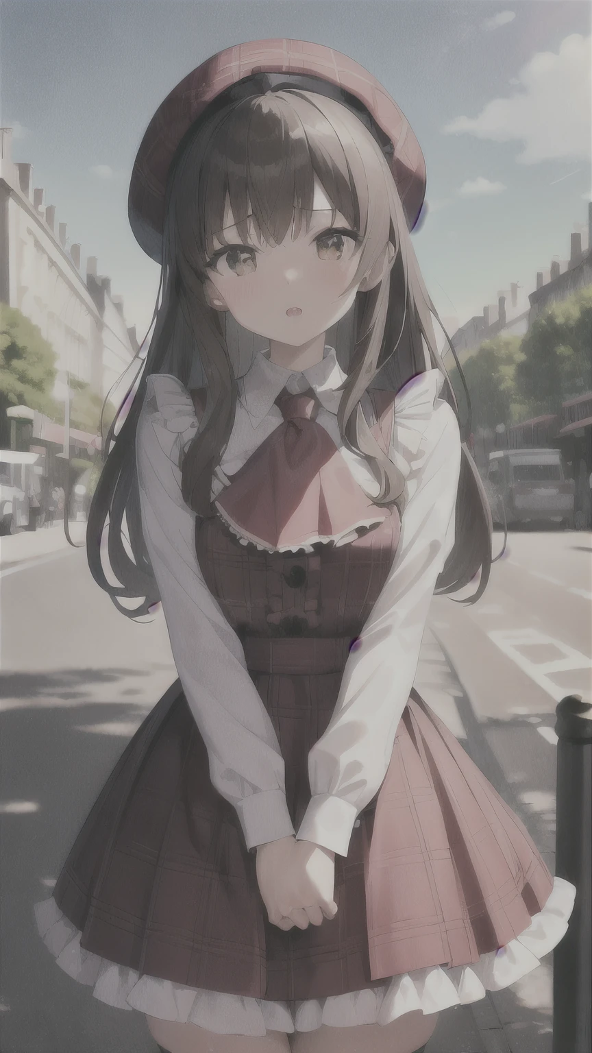 Very detailed CG ユニティ 8k 壁紙, masterpiece, highest quality, Very detailed, Very delicate and beautiful, From below, Brown-haired girl, blush, Open your mouth, Medium chest, Thick thighs, Button-down shirt, long plaid skirt, Ascot, Knee socks, v Arms, beret, (Frills), Skin dents, Fits perfectly to the skin, Paris, Champion lights up, swoodt, road, 歩road, over the counter, wood, Sunshine at Dawn, crowd, In detail