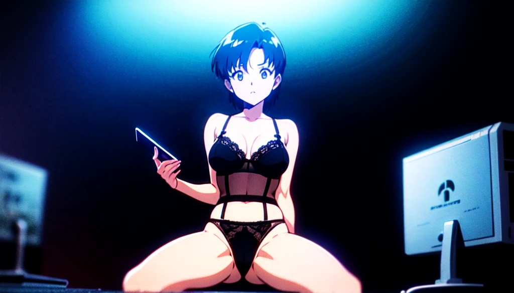 (perfect composition), (high resolution, masterpiece, ultra best quality, insanely amazing hyper fine extremely detailed, official:1.4) full body, 80's horny milf hacker anime girl in lingerie sitting at a desk with a vintage computer, seductive hacker anime girl in lingerie, retro cyberpunk anime, 80's cyberpunk anime girl in lingerie, digital cyberpunk anime!!, best anime 4k konachan wallpaper, (anime girl with green teal short hair), 90's anime style in 4 k, low-poly, low poly, n64-lowpoly style, mega man legend art ,black latex lingerie, black lace lingerie, 80's, multiple old computer , serial experiments lain room,  high degree electronic laboratory, lots of old computer hardware, surrounded by old computer screen, a lots of cable wires, octane rendering, colorful contrast, unadorned, dark computer room, night, betterHands 