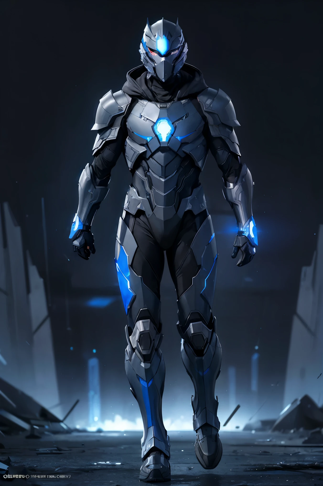 Advance armored boy, grey hood and cape, background dark space battlefield, heavy rain, blue short hair, blue glowing beautiful eyes, (full body shot), blue glowing lined simple armor plate, dark environment, high detailed face, Advance mask, intense war,