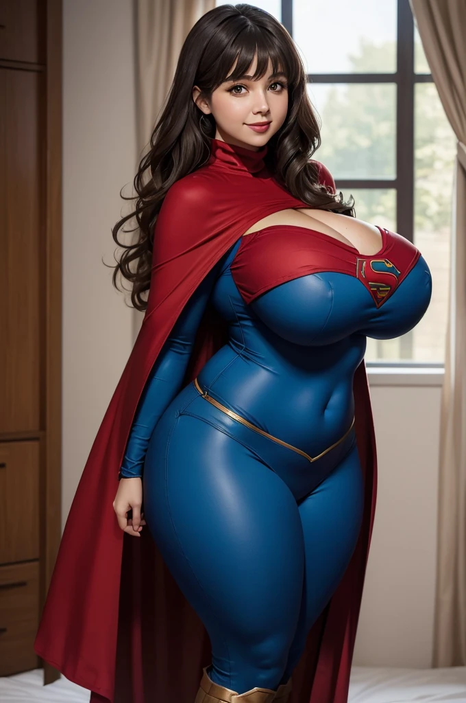 Supergirl, 29 years old, full body shot, Beautiful woman shoulder length curly brunette hair, two side up with bangs, ringlets, shoulder length curly brunette hair with bangs, two side up, ringlets, shoulder length curly brunette hair with bangs, two side up, ringlets, figure : (very full figure, very chubby, curvy, muffin top, love handles, extra thick, extra thicc, navel, very soft, fat hips, very thick, big breasts, sexy, sexy pose, fat thighs). clothes: ( flowing red cape, turtleneck blue top, long sleeve, skintight long blue pants, with red trim of supergirl). Red lipstick, smiling slightly, hands free, standing facing viewer, Standing in the middle of an avenue in imposing pose, espirito determinado e poderoso, (huge breasts:1.3), (from side)