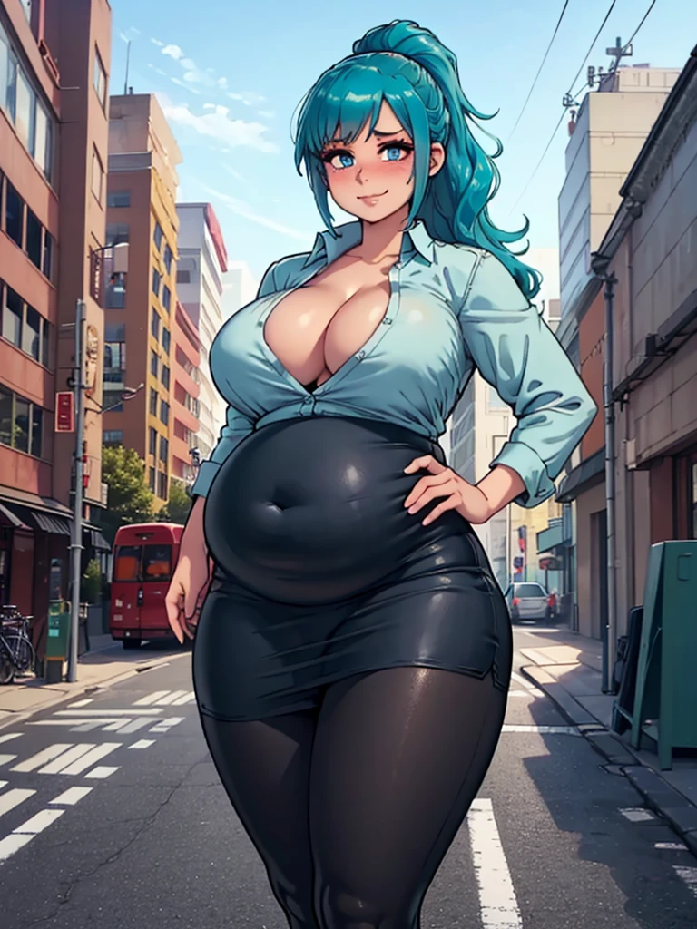 art by Kipteitei, 1girl, (aqua blue hair), long wavy hair, hair up, blue eyes, black pencil skirt, dress shirt, cleavage, happy expression, blushing, holding donuts, (black pantyhose), (((((fat))))), (((wide hips))), ((tight clothes)), walking, fancy office background with lots of windows, detailed background, (cowboy shot), (best quality, masterpiece, amazing lighting)
