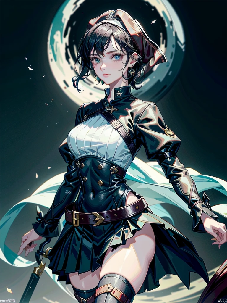 Practical pirate clothing, Long-sleeved pirate top, Skirt, boots, absurdres, RAW photo, extremely delicate and beautiful, masterpiece, Best Quality, ultra high resolution, 32k, hyperrealistic, ultra-detailed, perfect anatomy, anatomically correct, detailed description, perfect figure, super Detailed skin, pale skin, 20 years old, very Slim body, narrow waist, very small head, very small face, delicate facial features, detailed beautiful face and eyes, tearful mole, earring, Colossal tits, short medium hair, wavy hair,