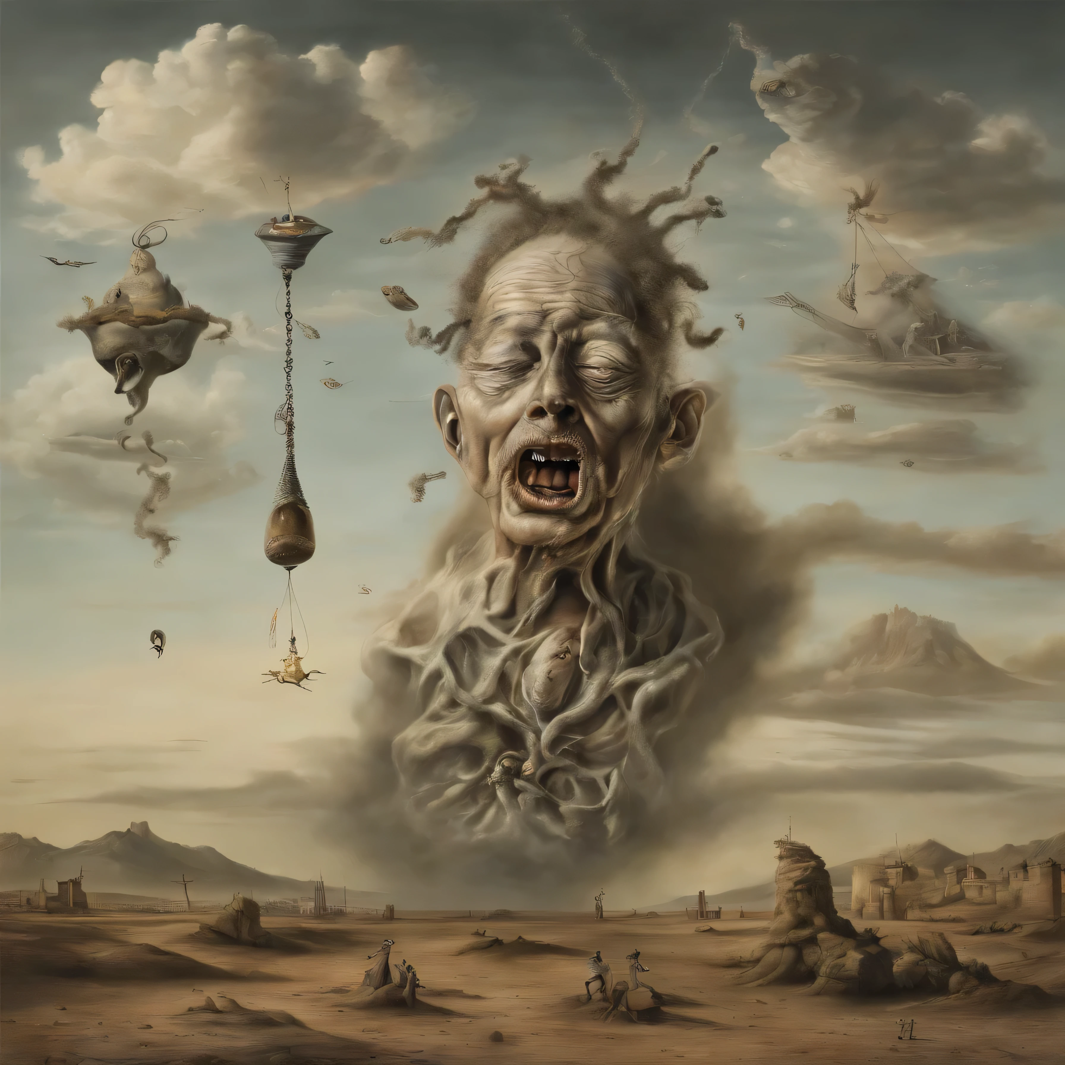 Salvador Dali style painting、Depicting a sense of emptiness、How hollow this world is、A bleak finish