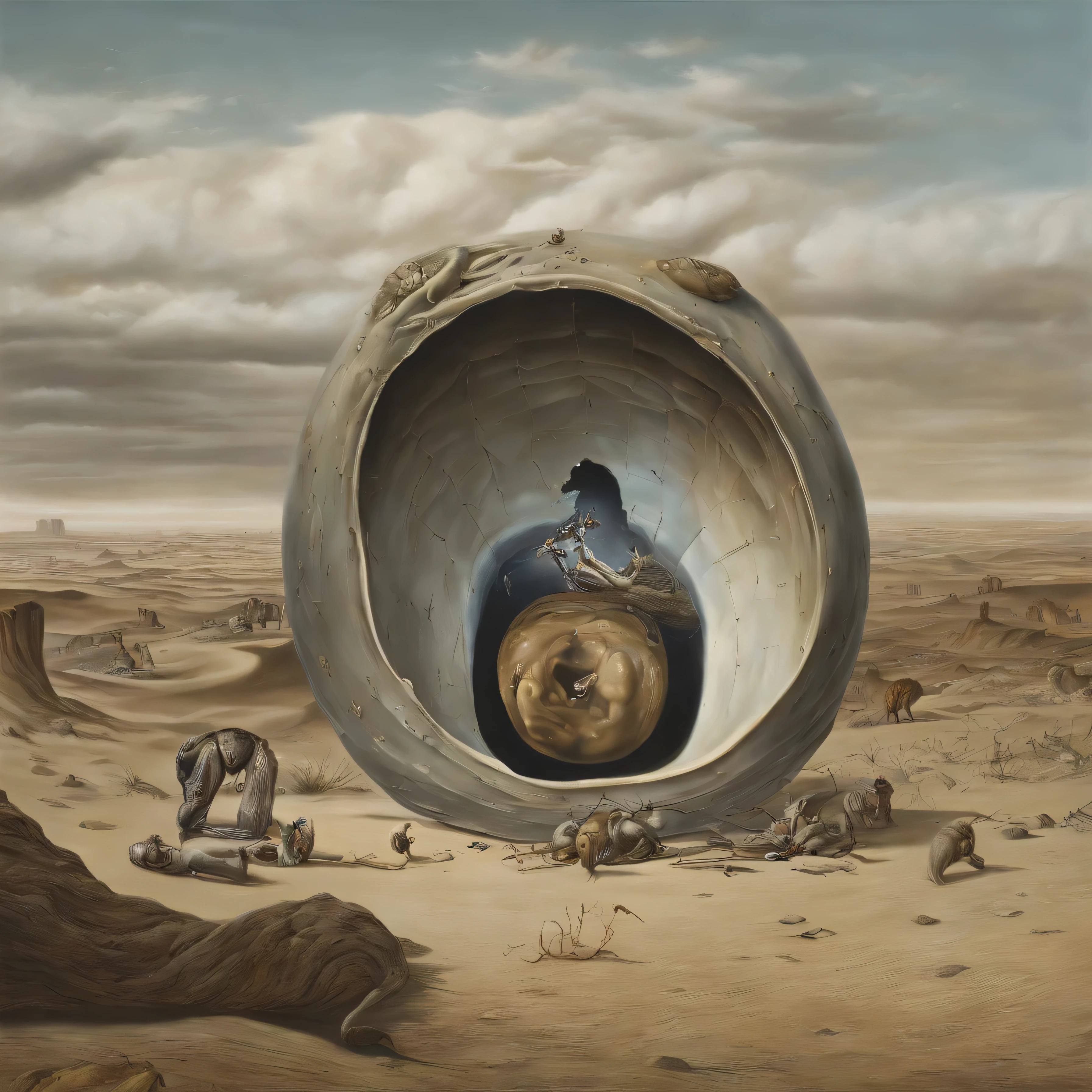 Salvador Dali style painting、Depicting a sense of emptiness、How hollow this world is、A bleak finish