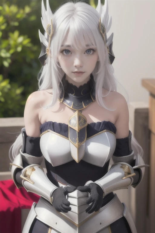 Best quality, masterpiece, detailed,
Rossweiss, Rossweisse 1 girl, closed mouth, slight smile,
White hair, green eyes, sea green eyes, long hair, hair ornament,
(armor, mittens, bare shoulders:1.3),
I look at the viewer,
on open air