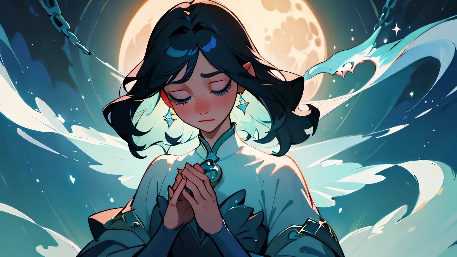 best quality,highres,masterpiece:1.2,ultra-detailed,realistic:1.37,portrait,painting,teen moon princess,long black hair,sea blue eyes,snow white skin,praying hands,bright,magical,stars,white dragon figure,ethereal atmosphere,fantasy elements,sparkling moonlight,mysterious shadows,gentle breeze,moonlit garden,enchanted forest,soft glow,delicate features,glimmering jewels,dreamy expression,vibrant colors,elegant gown,celestial beauty,soothing calm,pure innocence,tranquil setting,ethereal radiance,luminous aura,serene atmosphere,full moon, transformation, inside tower, chains