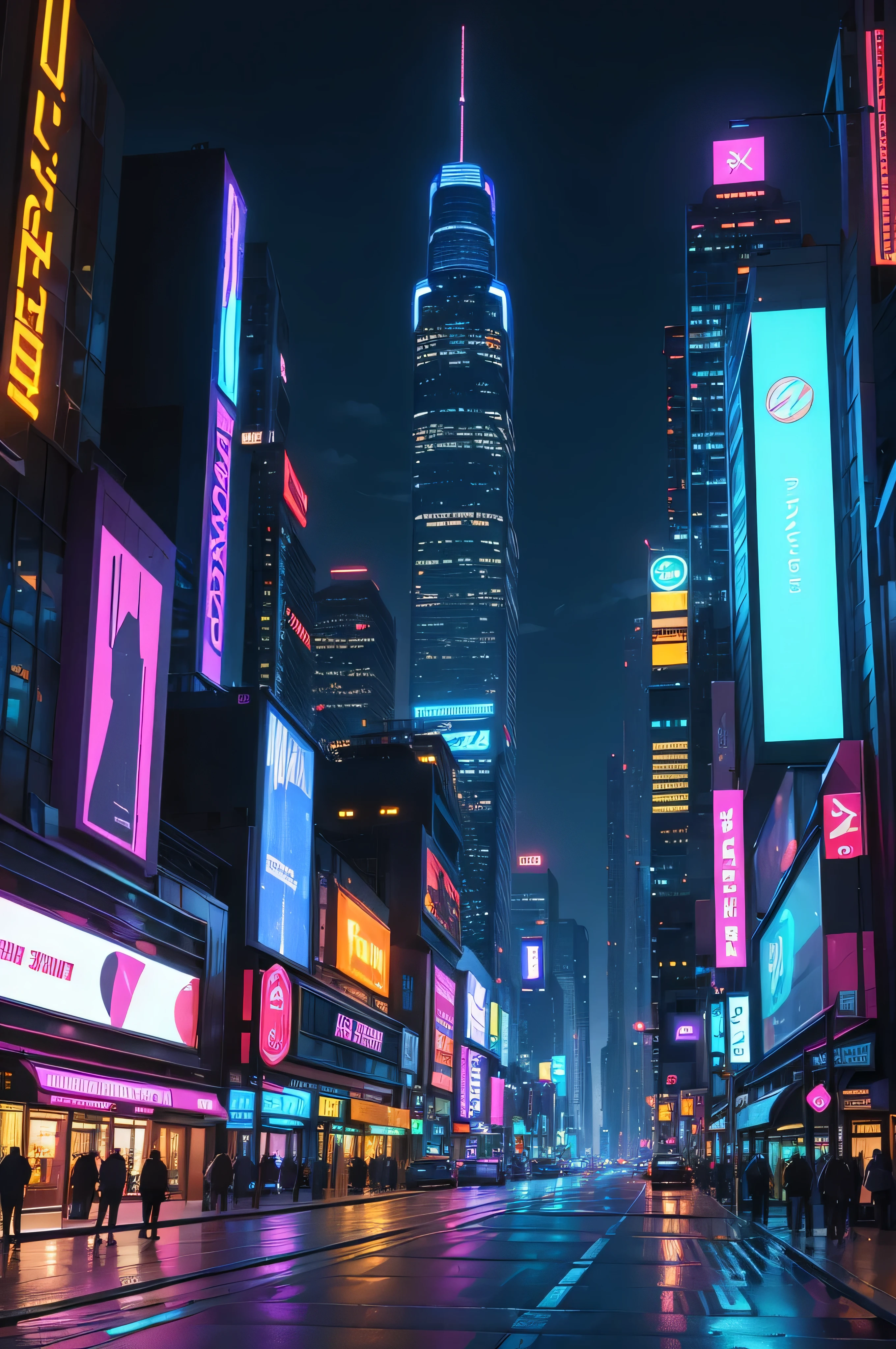 A neon-lit street comes alive with the towering presence of futuristic buildings. The skyline is a breathtaking spectacle of architectural marvels, their glass facades reflecting the pulsating neon lights that bathe the street in an ethereal glow. The air is electric with energy, as holograms flicker along the sidewalks, displaying interactive advertisements in vibrant colors. The silence is broken only by the gentle hum of hover vehicles crossing overhead, their silent engines a stark contrast to the dazzling display of light and color below. The sterile feel of the self-cleaning sidewalks contrasts with the organic beauty of vertical gardens, their lush greenery an