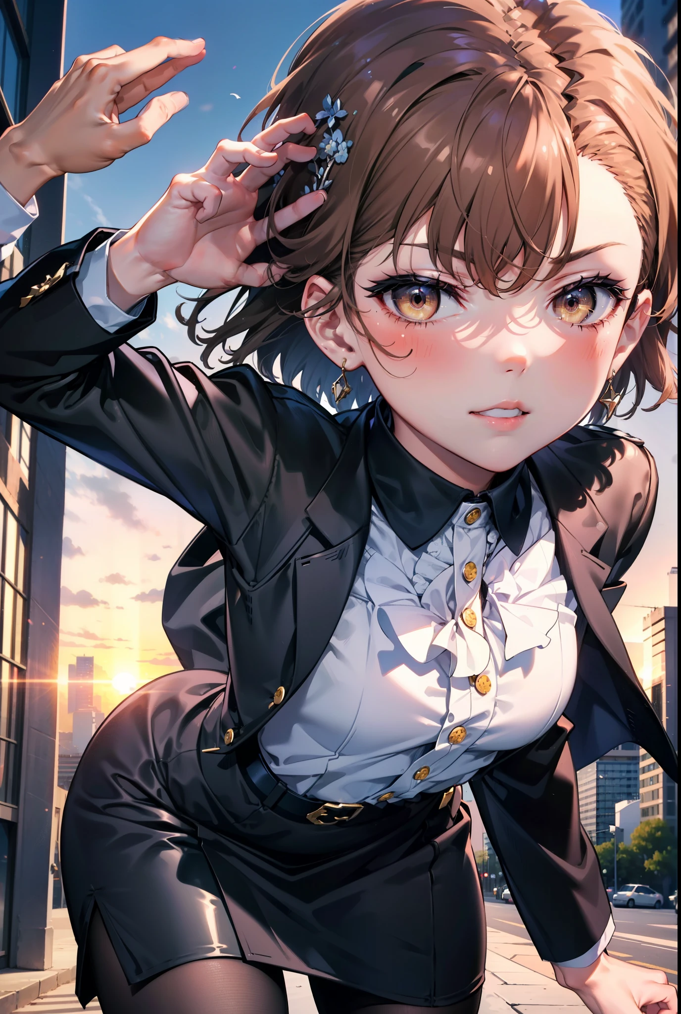 8k,highest quality,masterpiece,(((Pixel Perfect, Perfect in every detail))), 一peopleで, 女の子1people, ,Mycotrose, Brown eyes,Brown Hair,short hair,blush,happy smile, smile, Open your mouth,OL, Black suit jacket, Collared jacket, White dress shirt, Collared shirt, Neckline, button, Black pencil skirt, Black pantyhose,Stiletto heels,sunset,evening,The sun goes down,walking,whole bodyがイラストに入るように,
break outdoors, Building district,crowd, people々々々々,
break looking at viewer, whole body, 
break (masterpiece:1.2), highest quality, High resolution, unity 8k wallpaper, (shape:0.8), (Beautiful details:1.6), Highly detailed face, Perfect lighting, Extremely detailed CG, (Perfect hands, Perfect Anatomy),