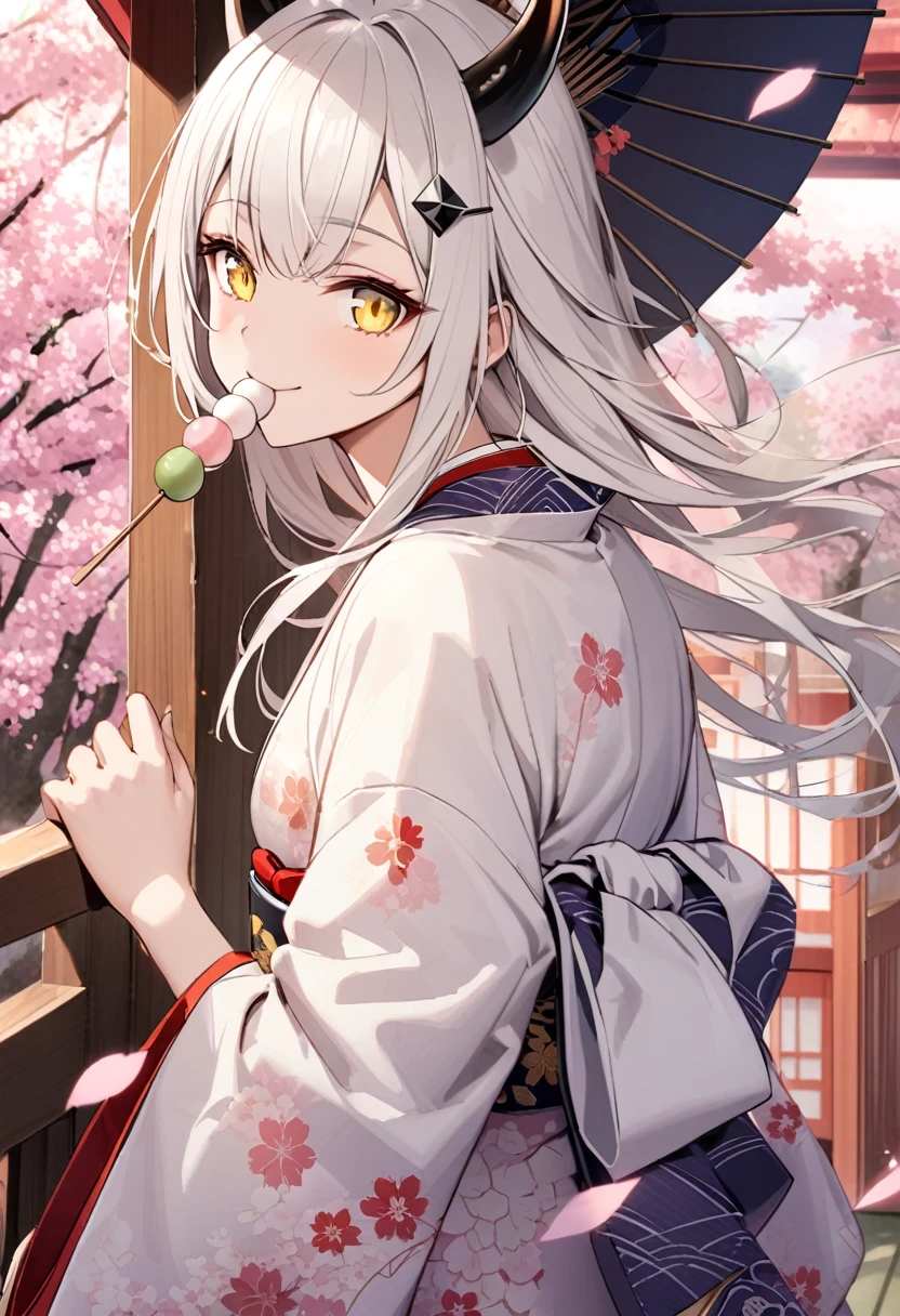 flowing white hair, melancholy eyes, warm smile, yellow eyes, black diamond-shaped horn-like hairpin, gorgeous silk kimono, Japanese umbrella, looking back, cherry blossoms, dango in mouth, holding dango in one hand out to us, Japanese style,