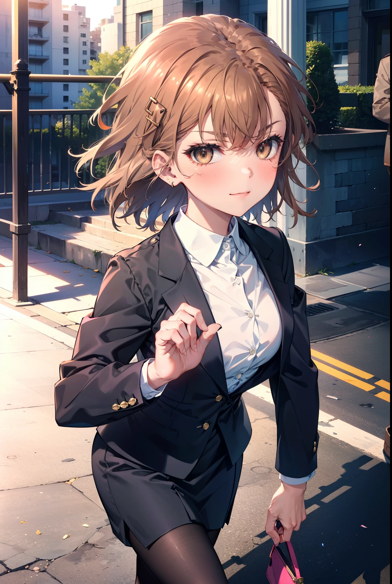 8k,highest quality,masterpiece,(((Pixel Perfect, Perfect in every detail))), 一peopleで, 1people, ,Mycotrose, Brown eyes,Brown Hair,short hair,blush,happy smile, smile, Open your mouth,OL, Black suit jacket, Collared jacket, White dress shirt, Collared shirt, Neckline, button, Black pencil skirt, Black pantyhose,Stiletto heels,sunset,evening,The sun goes down,walking,whole bodyがイラストに入るように,
break outdoors, Building district,crowd, people々々々々,
break looking at viewer, whole body,
break (masterpiece:1.2), highest quality, High resolution, unity 8k wallpaper, (shape:0.8), (Beautiful details:1.6), Highly detailed face, Perfect lighting, Extremely detailed CG, (Perfect hands, Perfect Anatomy),