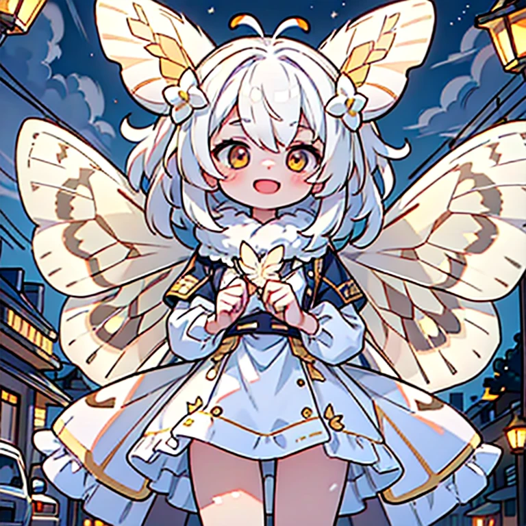 solo,1woman\(cute,kawaii,,skin color white,short white hair,(big moth wing hair:1.7),white dress\(beautiful race\),(2moth antennaes at hair:1.7),evil smile,open mouth,[moth wing on back:2.0],[moth wing on body:2.0],[moth wings:2.0],[extra arms:2.0],moth wing is only at hair,fly in the sky\),background\((street lights glowing slightly:1.5),night,stars,moonlight\), BREAK ,quality\(8k,wallpaper of extremely detailed CG unit, ​masterpiece,hight resolution,top-quality,top-quality real texture skin,hyper realisitic,increase the resolution,RAW photos,best qualtiy,highly detailed,the wallpaper,cinematic lighting,ray trace,golden ratio,\),long shot,better hands,[nsfw],[extra arms:2.0]