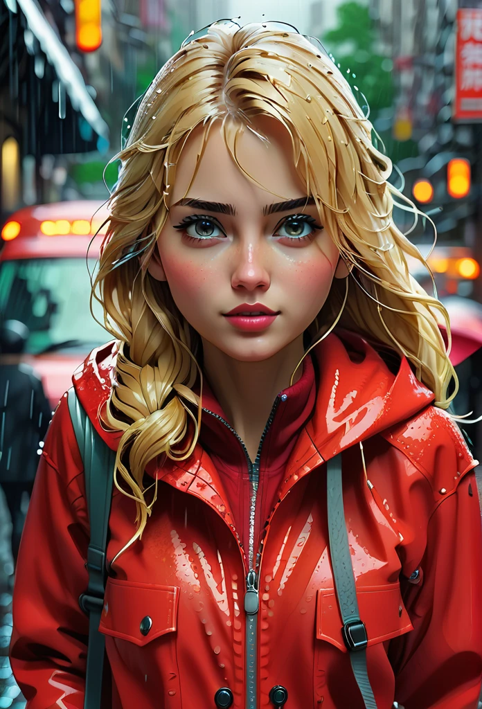 A picture of a modern brave and smart beautiful golden haired woman wears red jacket with hood walks in torrential rain confidently at the city sidewalk, bustling city with traffic jam when raining, with positive smirk, radiating her beauty in smart style, ultra sharp and crisp picture, a photo realistic illustration in Don Lawrence style, Studio Ghibli aesthetic, octane render