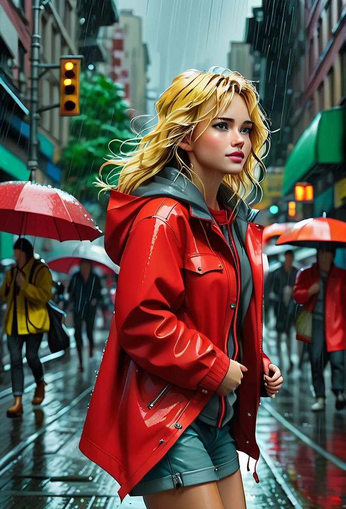 A picture of a modern brave and smart beautiful golden haired woman wears red jacket with hood walks in torrential rain confidently at the city sidewalk, bustling city with traffic jam when raining, with positive smirk, radiating her beauty in smart style, ultra sharp and crisp picture, a photo realistic illustration in Don Lawrence style, Studio Ghibli aesthetic, octane render