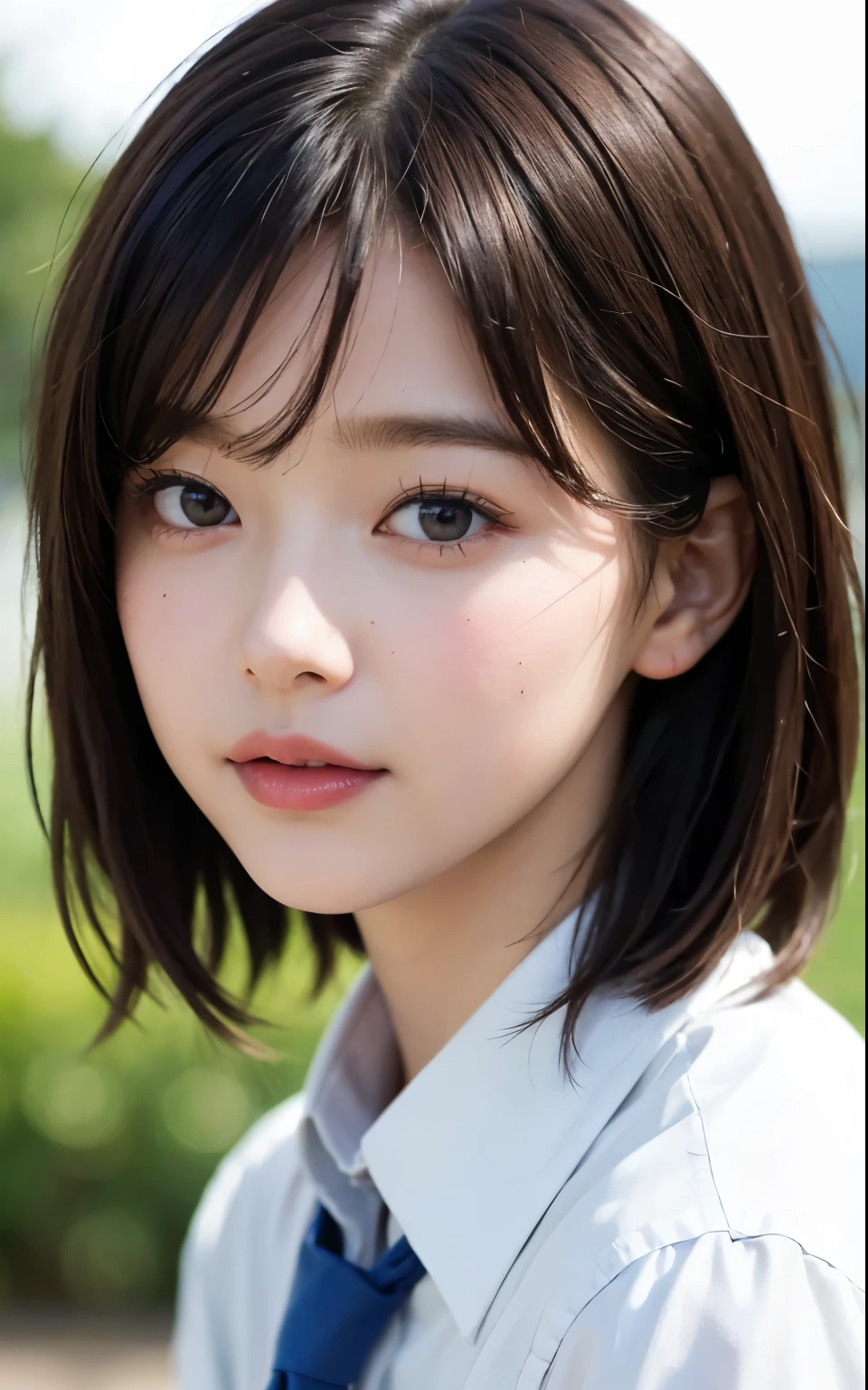 (highest quality:1.3)、(masterpiece:1.4)、Raw photo、8k、highest quality、high resolution、Beautiful face in every detail、Realistic human skin、Gentle expression、View from the front、color々From an angle、((Bob Hair))、(beautiful girl:1.4)、(the most beautiful girl in school:1.3)、Realistic、((One Woman))、Photorealistic、With bangs、((Beautiful Hair))、(Small face)、cute、(High school girls)、JK Uniform、(Schoolgirl Uniform)、White shirt、tie、Red cheeks、((She's in love))、sexual excitement、[[Long eyelashes]]、((Right before the kiss))、(The excitement of kissing)、garden