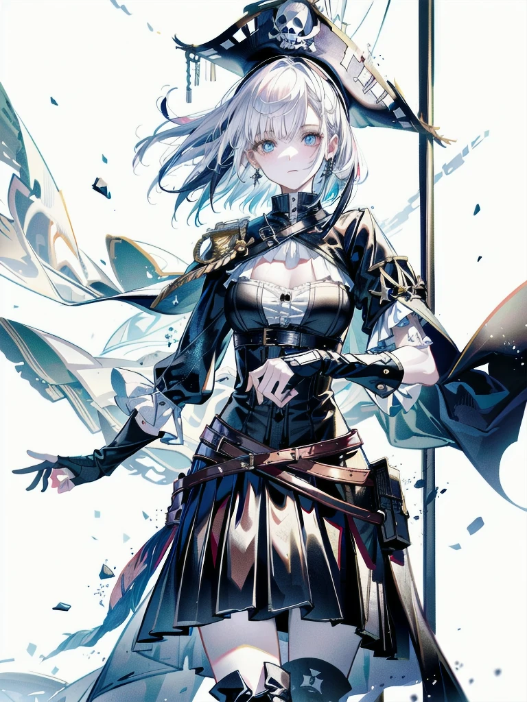 Practical pirate clothing, Long-sleeved pirate top, Skirt, boots, absurdres, RAW photo, extremely delicate and beautiful, masterpiece, Best Quality, ultra high resolution, 32k, hyperrealistic, ultra-detailed, detailed description, pale skin, 20 years old, tearful mole, earring, Colossal tits, short medium hair, wavy hair,