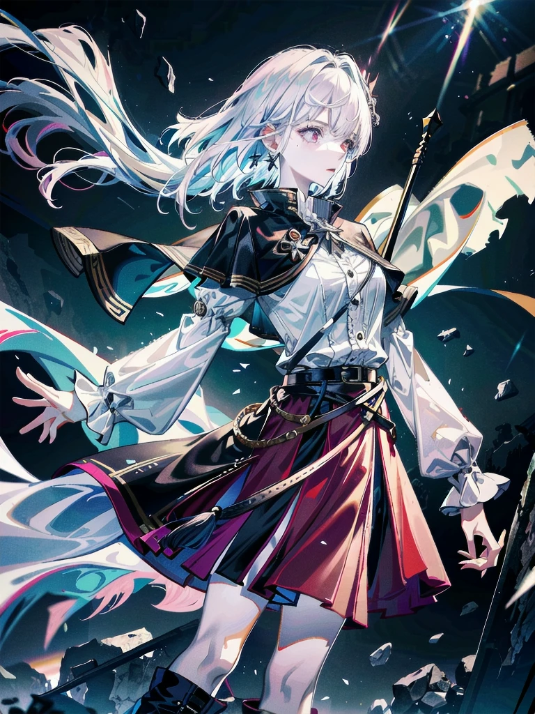 Practical pirate clothing, Long-sleeved pirate top, Skirt, boots, absurdres, RAW photo, extremely delicate and beautiful, masterpiece, Best Quality, ultra high resolution, 32k, hyperrealistic, ultra-detailed, detailed description, pale skin, 20 years old, tearful mole, earring, Colossal tits, short medium hair, wavy hair,