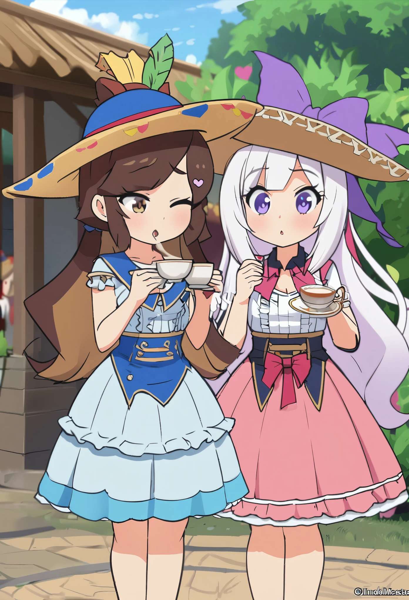 Mejor calidad 4k, obra maestra, chica anime waifu, cute, pupilas rosas multicolor, cabello tomboy, cabello hermoso, cabello lacio, cabello rubio, cute, kawaii, tierna, pechos grandes, cuerpo hermoso, anatomia perfecta, small waist, vestido Victoriano, sombrero, in a garden having tea, hd 4k, linda, hermosa, cute, reina de las flores