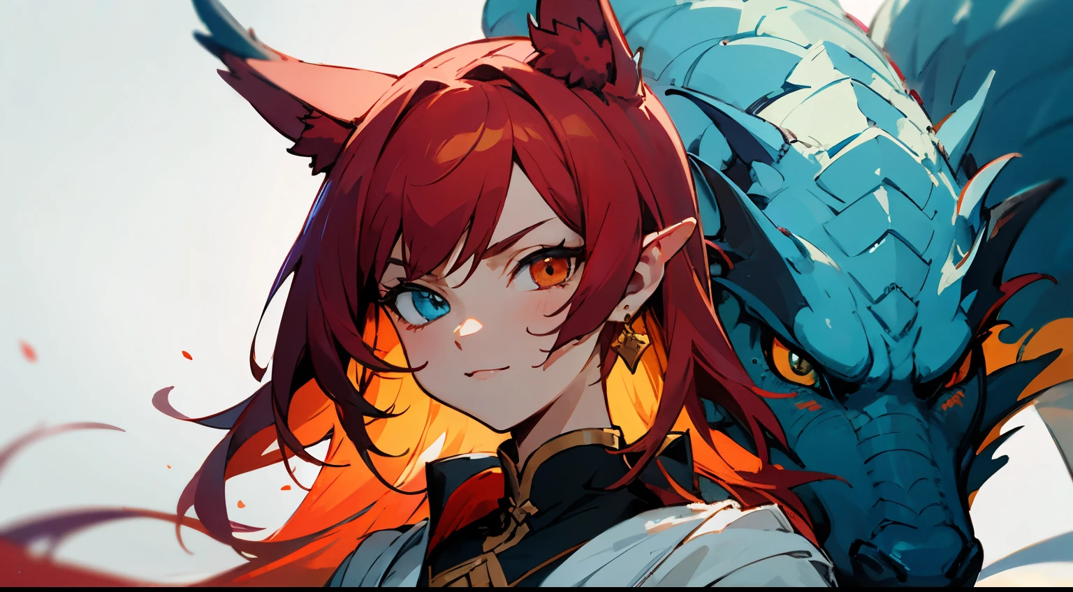 masterpiece, best quality, best quality, masterpiece, highres, focus, anime style, a closeup of a cartoon of a dragon, dragon design, portrait, giesha, anime image, long hair, red hair, heterochromia eyes, hair covering ears, finned ears, polished and powerful look, exotic, tall, freckles, cheerful, luxury clothing, colorful, colors