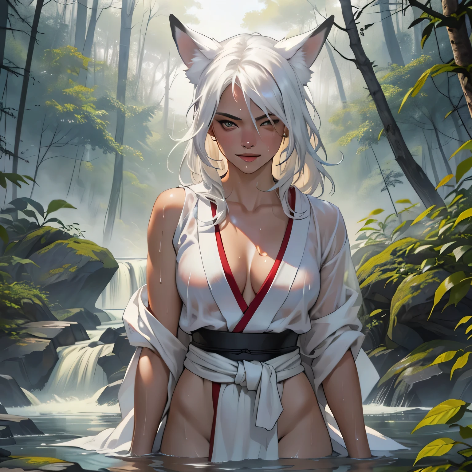 White long haired werewolf , Open kimono , Thin and black body , White belly , White Face , Large bulging crotch , White Japanese loincloth , Gentle eyes , Moonlit lakeside , Standing posture , lure