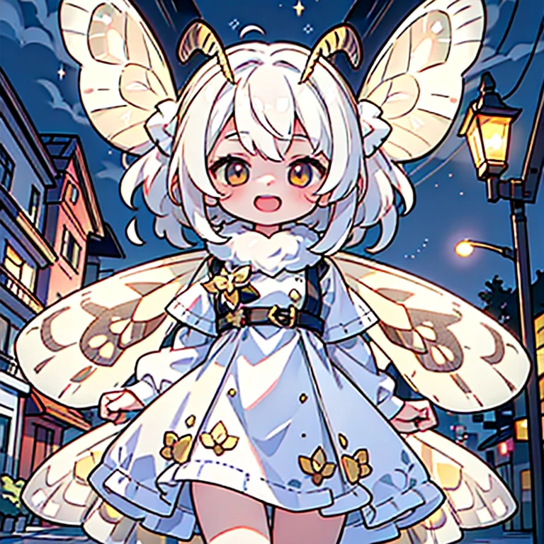 solo,1woman\(cute,kawaii,,skin color white,short white hair,(big moth wing hair:1.7),white dress\(beautiful race\),(2moth antennaes at hair:1.7),evil smile,open mouth,[moth wing on back:2.0],[moth wing on body:2.0],[moth wings:2.0],[extra arms:2.0],moth wing is only at hair,fly in the sky\),background\((street lights glowing slightly:1.5),night,stars,moonlight\), BREAK ,quality\(8k,wallpaper of extremely detailed CG unit, ​masterpiece,hight resolution,top-quality,top-quality real texture skin,hyper realisitic,increase the resolution,RAW photos,best qualtiy,highly detailed,the wallpaper,cinematic lighting,ray trace,golden ratio,\),long shot,better hands,[nsfw],[extra arms:2.0]