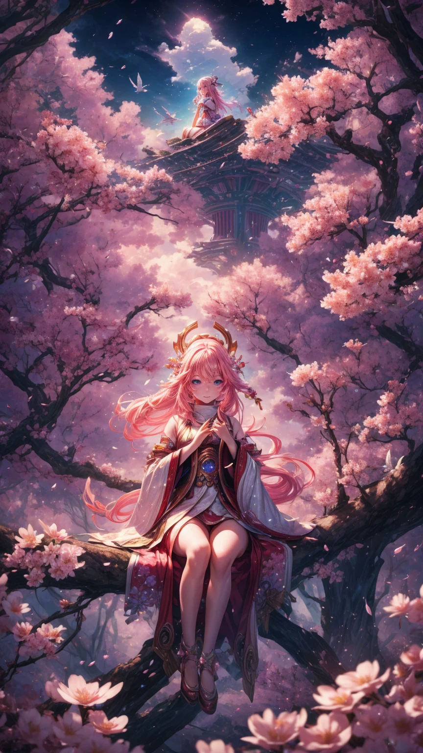 "((fantasy art)) featuring an alien girl, immersed in a heavenly symphony, clouds turn into bright splashes, flowers are scattered, like notes in the wind, visual orchestration of color and wonder"masterpiece, a high resolution, Best quality, 1 girl solo, , sitting, above a huge sakura tree