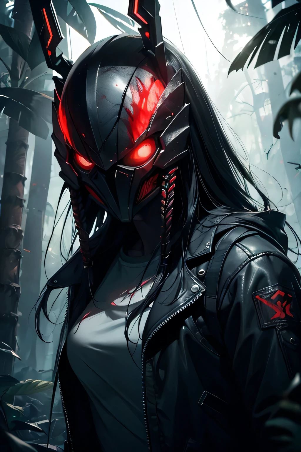 On the night in the jungle , the predator face mask, the predator mask, the predator cosplay, the predator le film, alien vs predator, the predator, sexy woman predator, predator, one girl with a predator combine , predator movie, no white lights Just a red light glowing, sexy predator , drops of blood, traces of blood, blood on lips, blood on the walls, horor, stressant, gore, chains hanging, chains stretched everywhere, tombeau, grotte intérieure without light, red light glowing, dark, sombre, lights effects, peur, effrayant, seductive, seductive animated girl, sexy,