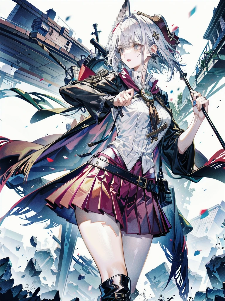 Practical pirate clothing, Long-sleeved pirate top, Skirt, boots, tearful mole, earring, Colossal tits, short medium hair, wavy hair,