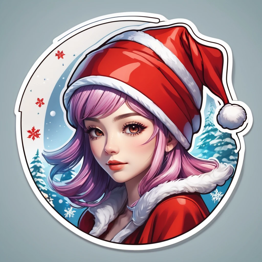 (a sticker,),(3D anime santa hat girl),bright colored hair,Slim, ellegance, There is also a touch of mystery.(In circlerown background), (Christmas border)，, ultra - detailed, Detailed diagram, vectorized, 8K, Professional a sticker design, Graphic design, vector lines, a sticker, Full-HD