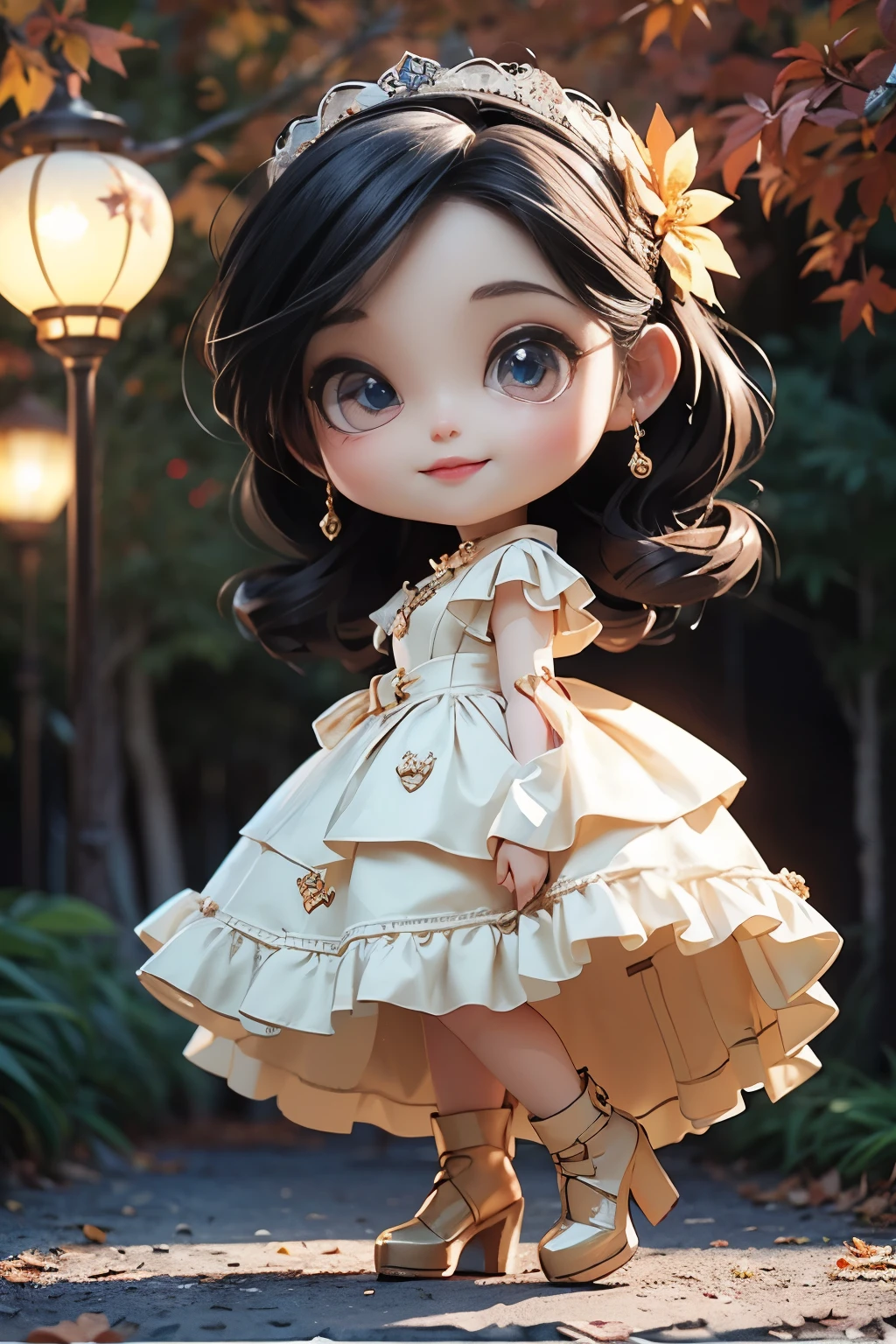 cute blythe doll,(((chibi 3d))) (best quality) (Grand Prix Principal)、Chibi Models, Retro dresses、Black hair veil decorated with luxurious jewelry、Autumn in the fairytale forest、hand holding retro lantern、detailed face、Open your mouth and smile, full body, side view, Gaze 45 degrees forward,