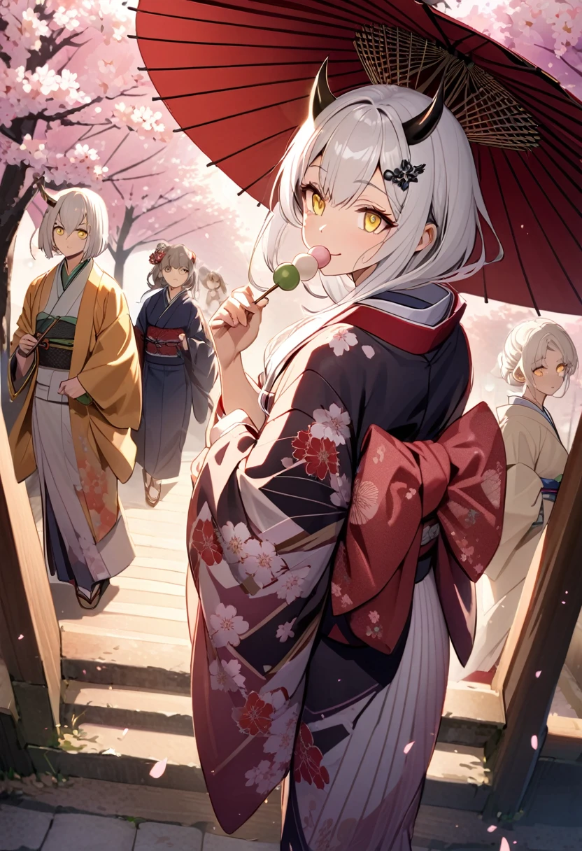 Moonlight, flowing white hair, melancholy eyes, warm smile, yellow eyes, black diamond-shaped horn-like hairpin, gorgeous silk kimono, Japanese umbrella, looking back, cherry blossoms, dango in mouth, holding dango in one hand out to us, Japanese style, Eating while walking,
